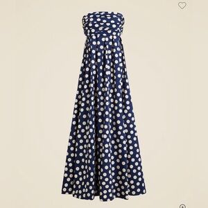 NEW J. Crew Collection Blue & Cream Polka Dot Cotton Bow Strapless Maxi Dress 8